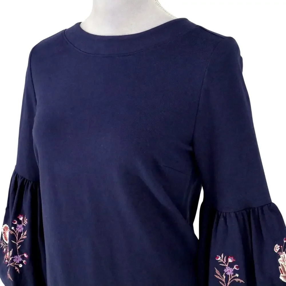 Loft Dress Womens Small Navy Blue Embroidered Bell Slv Stretch Cotton Knit New